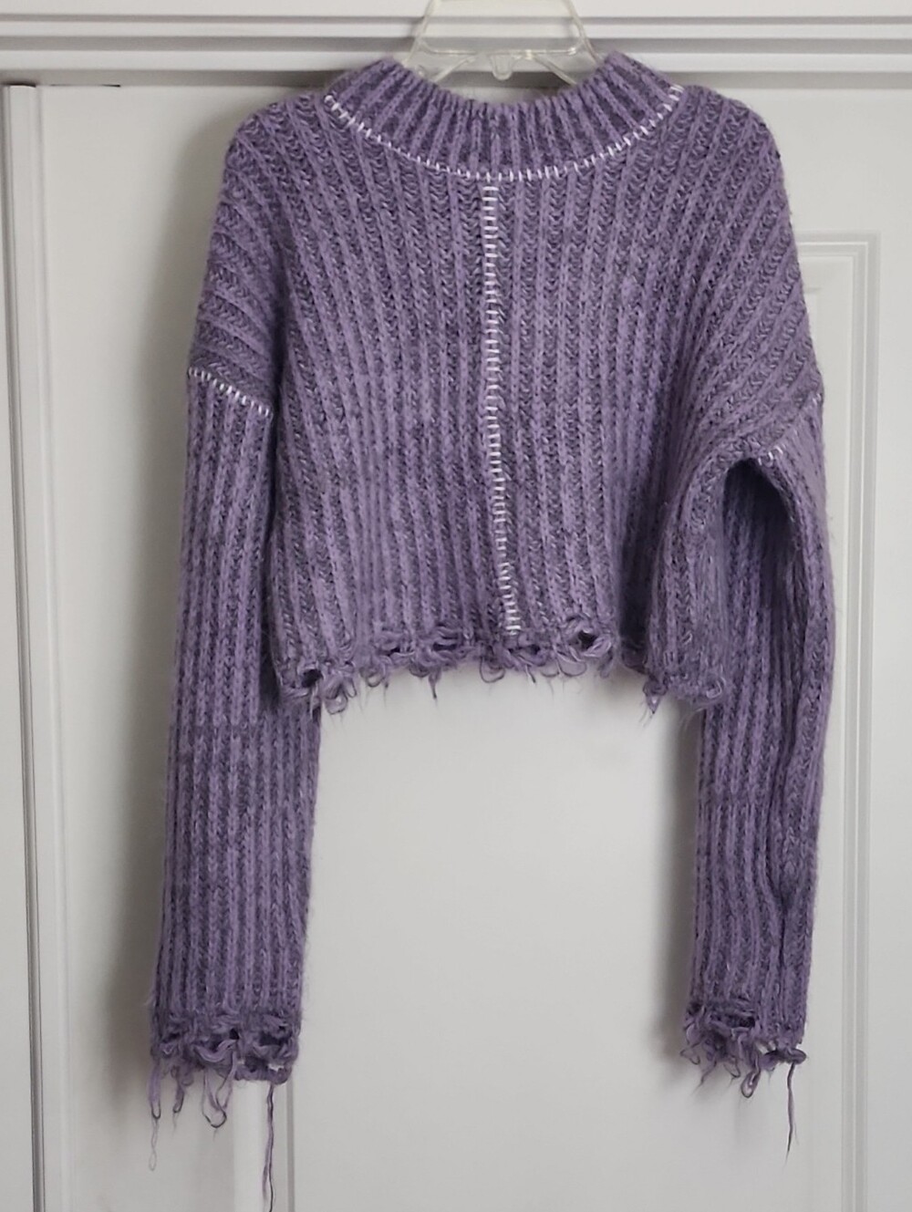 BDG Urban Outfitters Cropped Distressed Hem Rib-Knit Turtleneck Sweater in Lilac